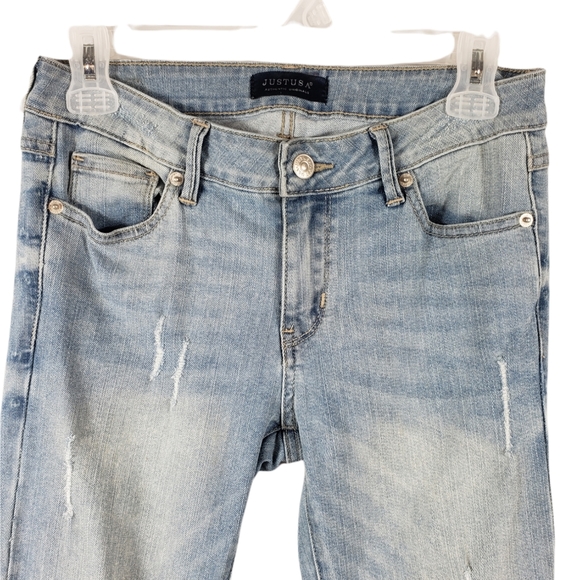 JUST USA Light Blue Distressed Flared Leg High Rise Jeans Size 3 Junior. - Picture 7 of 15